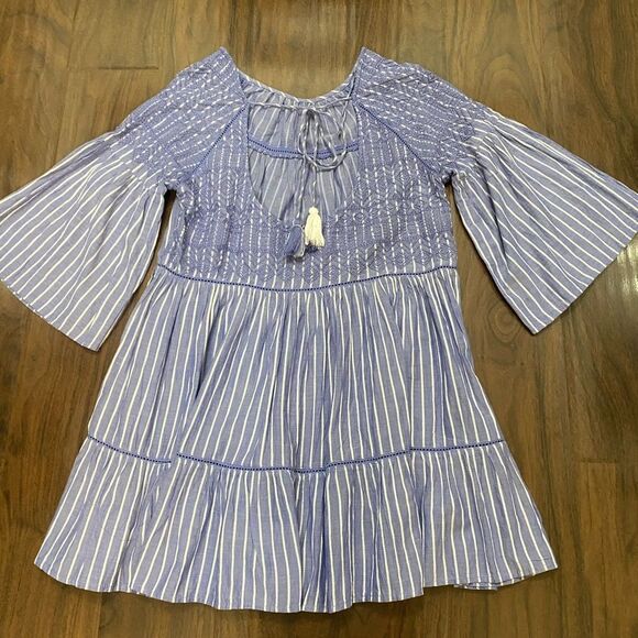 Free People Lola Embroidered Mini Blue Striped Tiered Dress - Picture 8 of 9